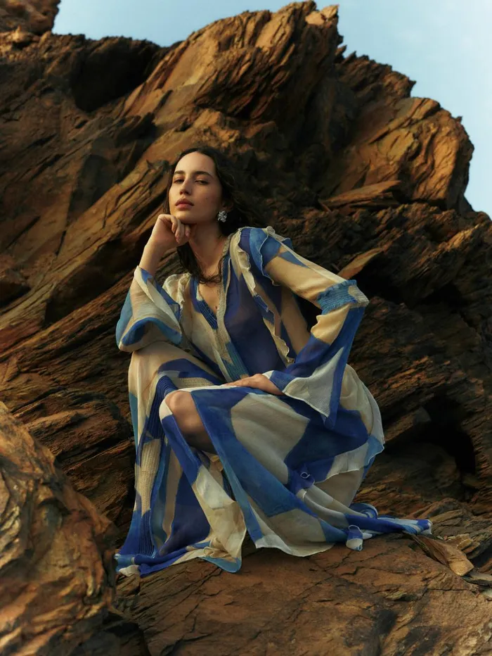 Jigsaw Abstract Long Sleeve Dress Blue Women Dresses and Jumpsuits
