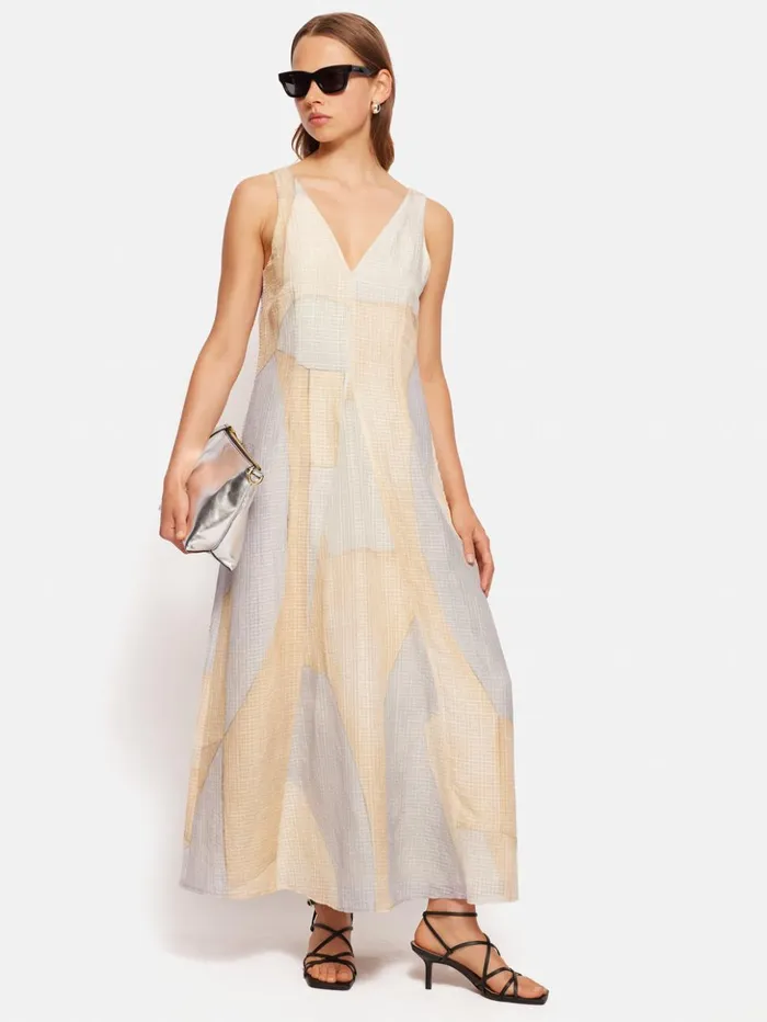 Jigsaw Abstract Silk Linen Gauze Dress Blue Women Dresses and Jumpsuits