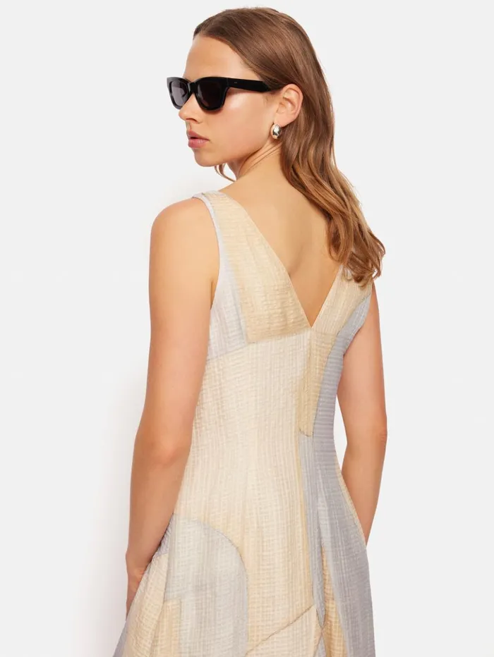 Jigsaw Abstract Silk Linen Gauze Dress Blue Women Dresses and Jumpsuits