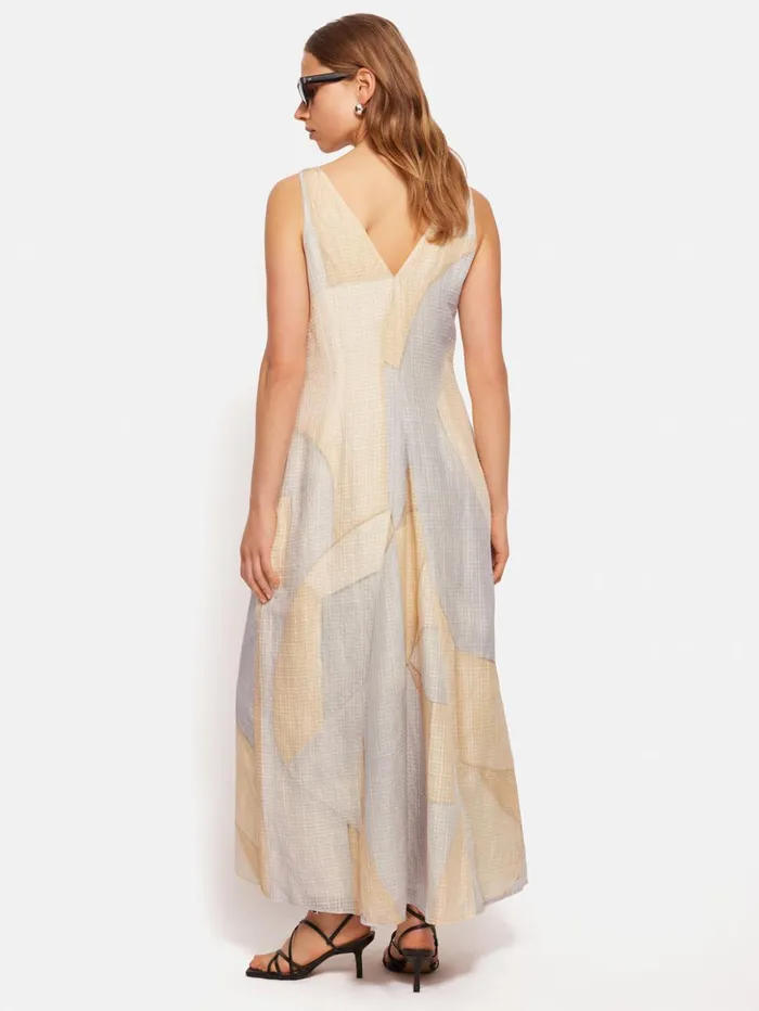 Jigsaw Abstract Silk Linen Gauze Dress Blue Women Dresses and Jumpsuits