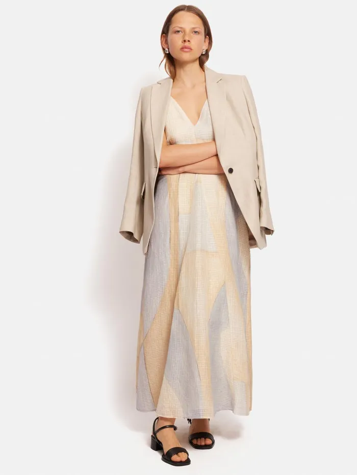 Jigsaw Abstract Silk Linen Gauze Dress Blue Women Dresses and Jumpsuits