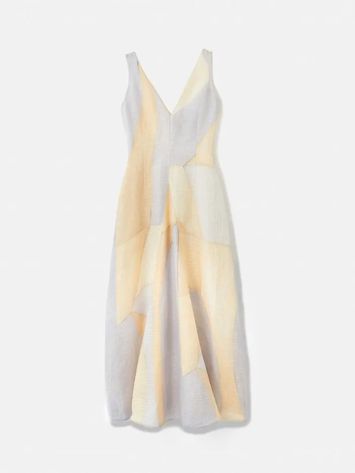 Jigsaw Abstract Silk Linen Gauze Dress Blue Women Dresses and Jumpsuits
