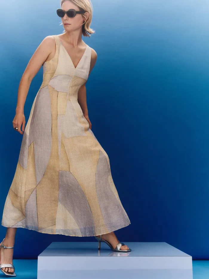 Jigsaw Abstract Silk Linen Gauze Dress Blue Women Dresses and Jumpsuits