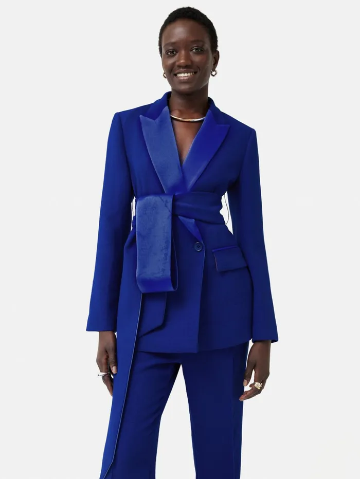 Jigsaw Belted Tuxedo Jacket Blue Women Coats and Jackets