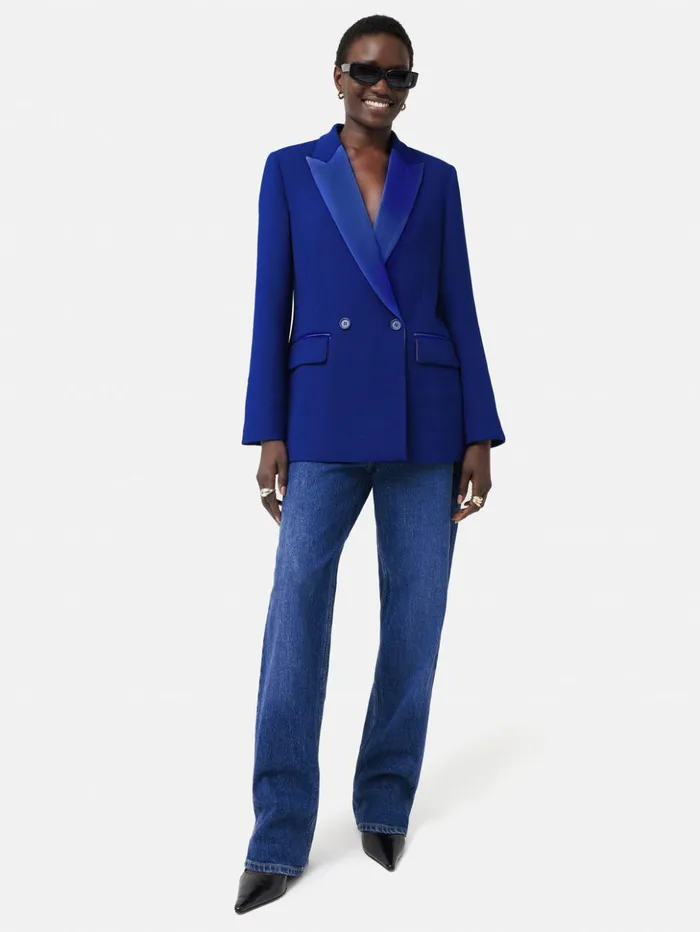 Jigsaw Belted Tuxedo Jacket Blue Women Coats and Jackets
