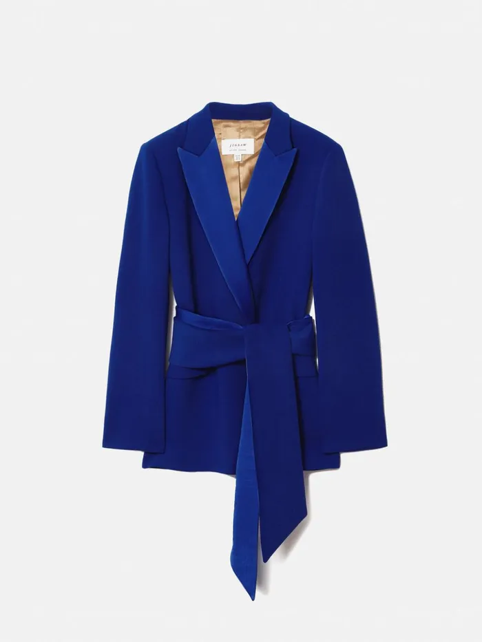 Jigsaw Belted Tuxedo Jacket Blue Women Coats and Jackets