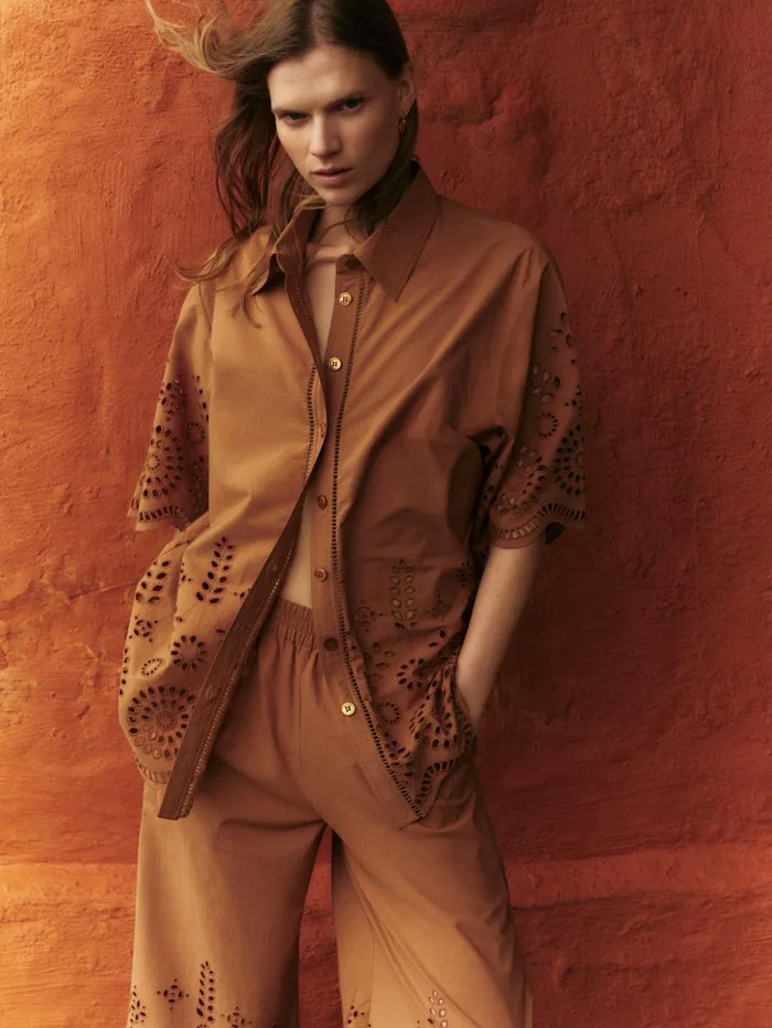 Jigsaw Broderie Shirt Camel Women Shirts and Tops