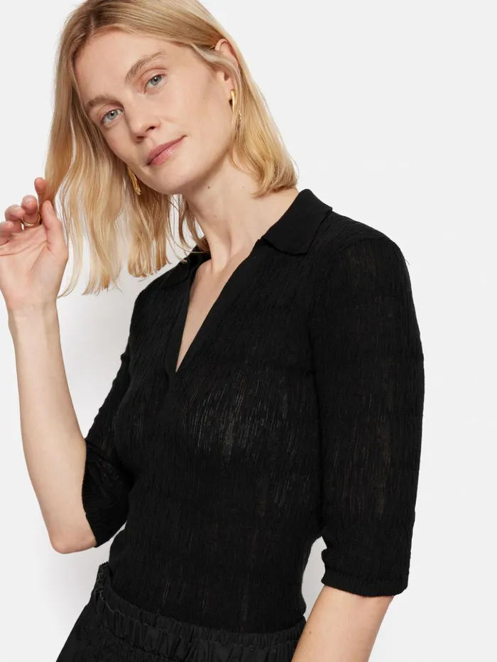 Jigsaw Collar Knitted Top Black Women Shirts and Tops