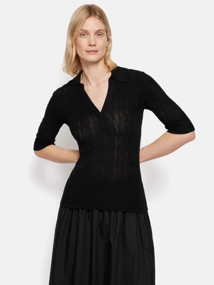 Jigsaw Collar Knitted Top Black Women Shirts and Tops