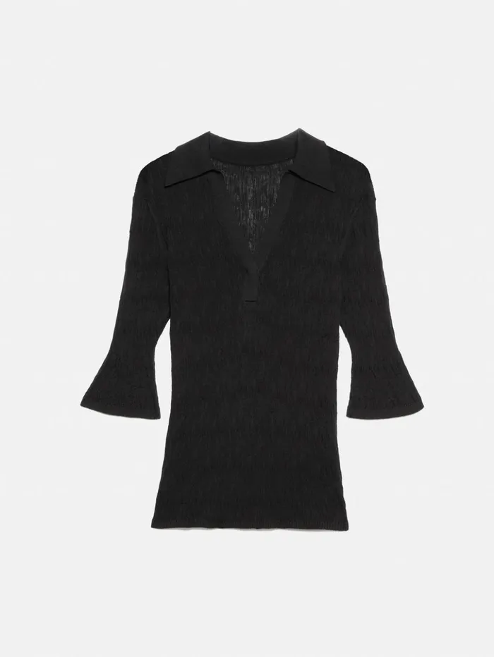 Jigsaw Collar Knitted Top Black Women Shirts and Tops