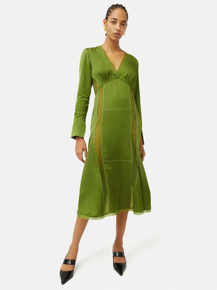 Jigsaw Contrast Stitch Viscose Dress Green Women Dresses and Jumpsuits