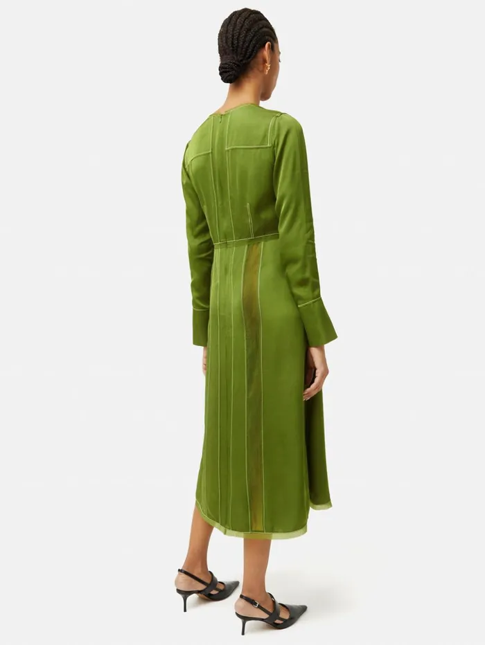 Jigsaw Contrast Stitch Viscose Dress Green Women Dresses and Jumpsuits