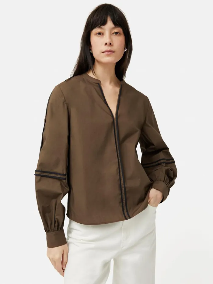 Jigsaw Contrast Tape Detail Top Brown Women Shirts and Tops