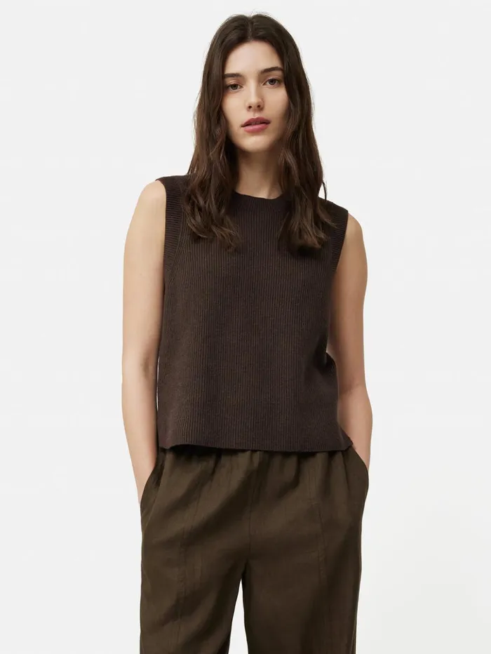 Jigsaw Cotton Blend Crew Tank Brown Women Knitwear and Cashmere