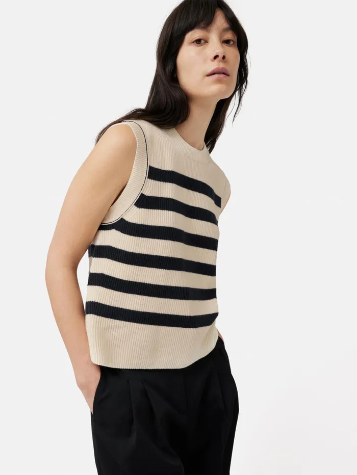 Jigsaw Cotton Blend Stripe Crew Tank Navy Women Knitwear and Cashmere
