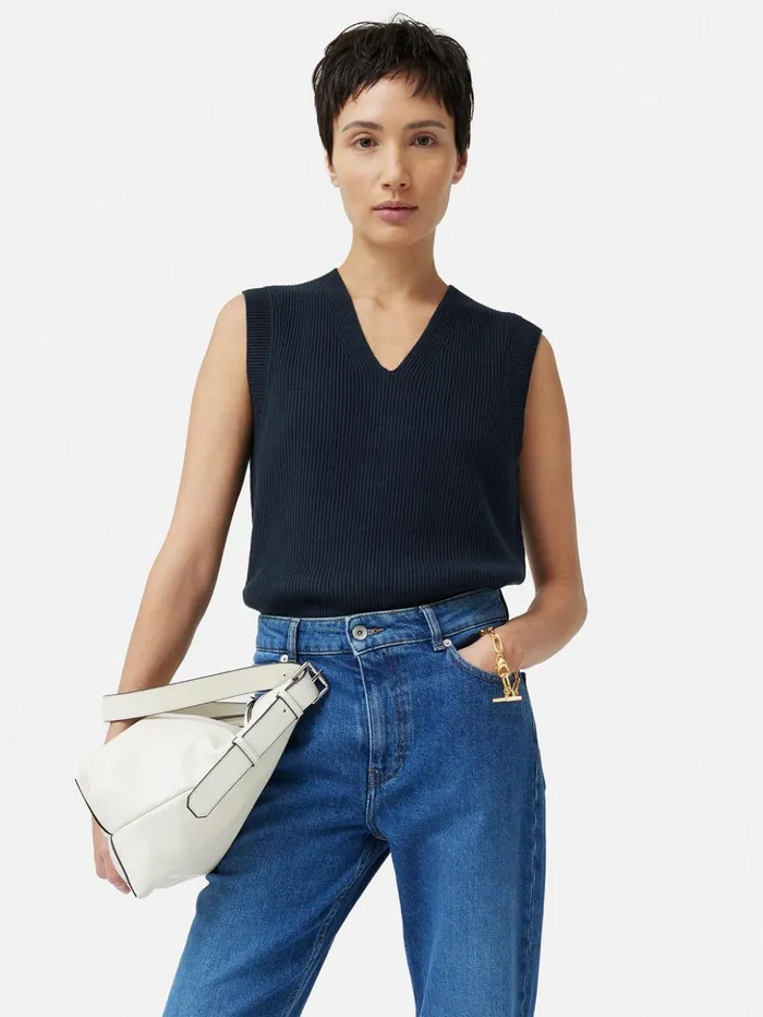 Jigsaw Cotton Blend V Neck Tank Navy Women Shirts and Tops