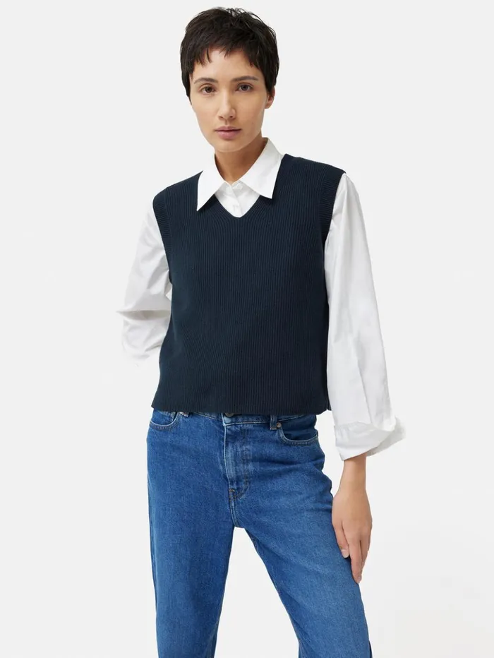 Jigsaw Cotton Blend V Neck Tank Navy Women Shirts and Tops