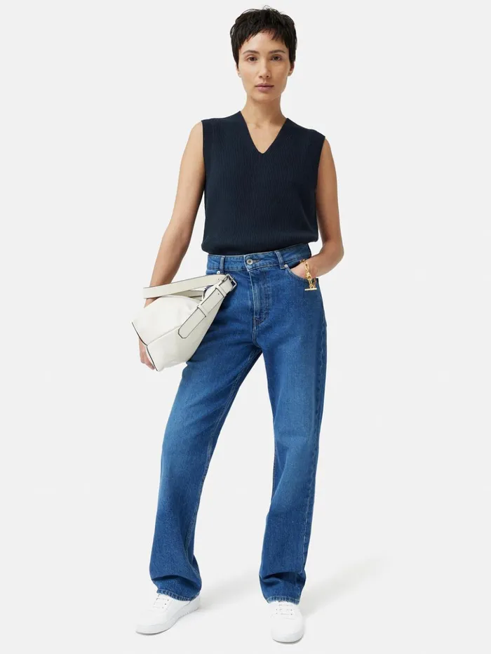 Jigsaw Cotton Blend V Neck Tank Navy Women Shirts and Tops