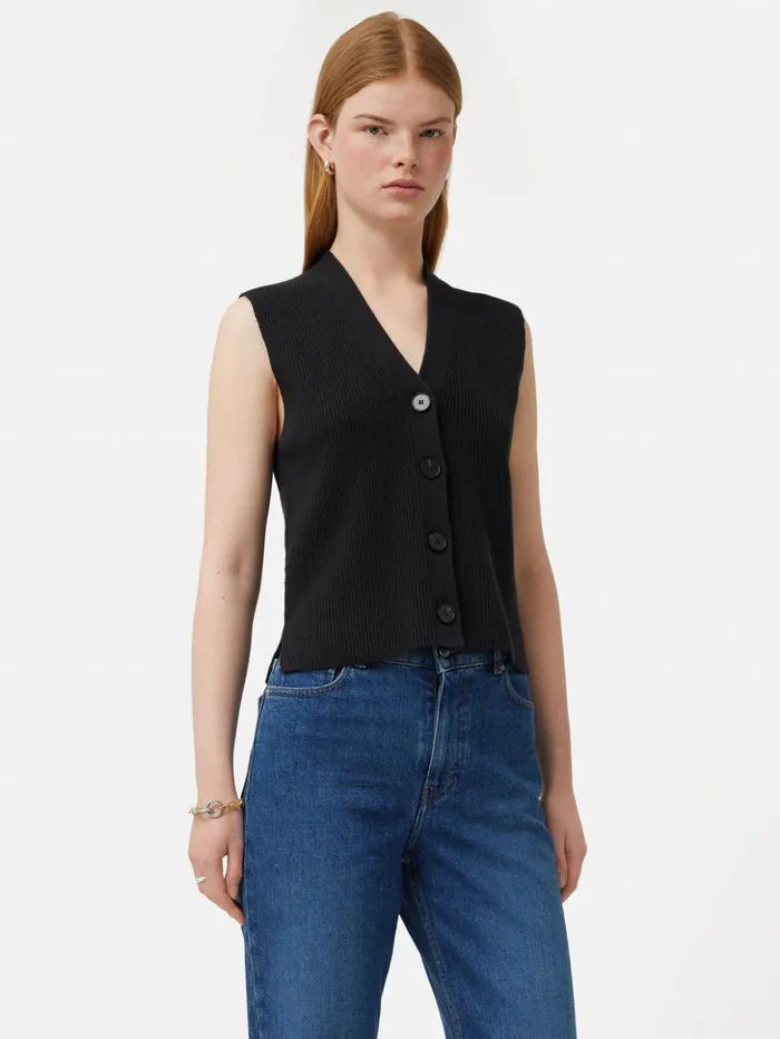 Jigsaw Cotton Blend Waistcoat Washed Black Women Knitwear and Cashmere