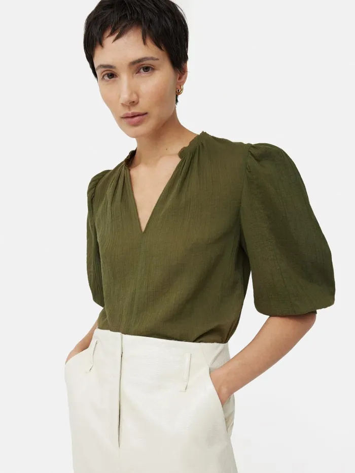 Jigsaw Cotton Crinkle Cicelly Top Khaki Women Shirts and Tops