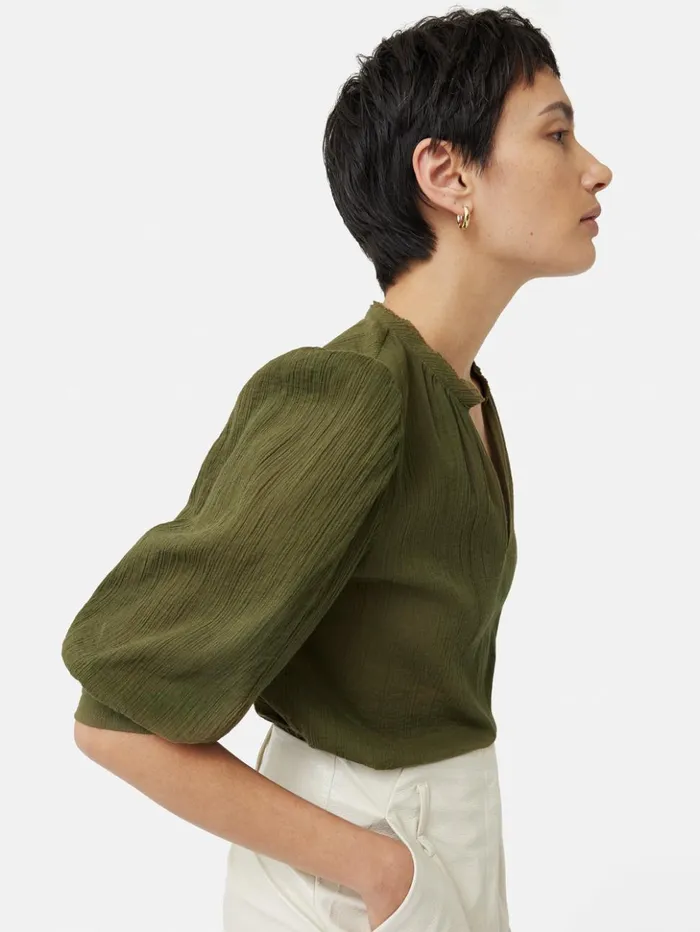 Jigsaw Cotton Crinkle Cicelly Top Khaki Women Shirts and Tops