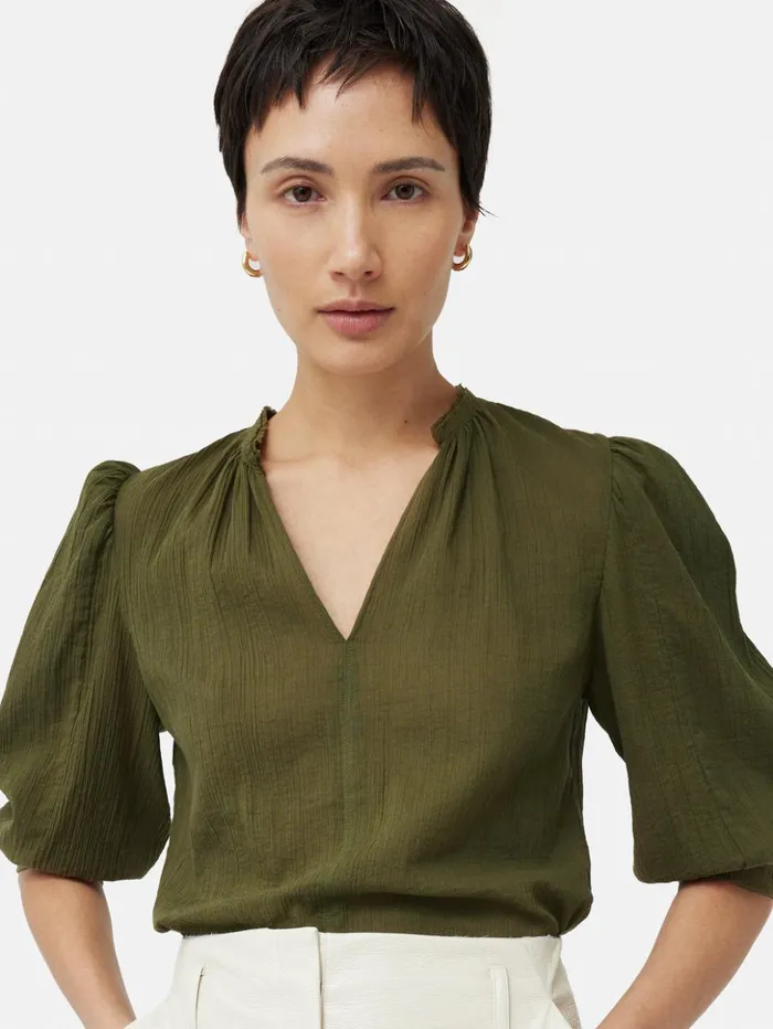 Jigsaw Cotton Crinkle Cicelly Top Khaki Women Shirts and Tops