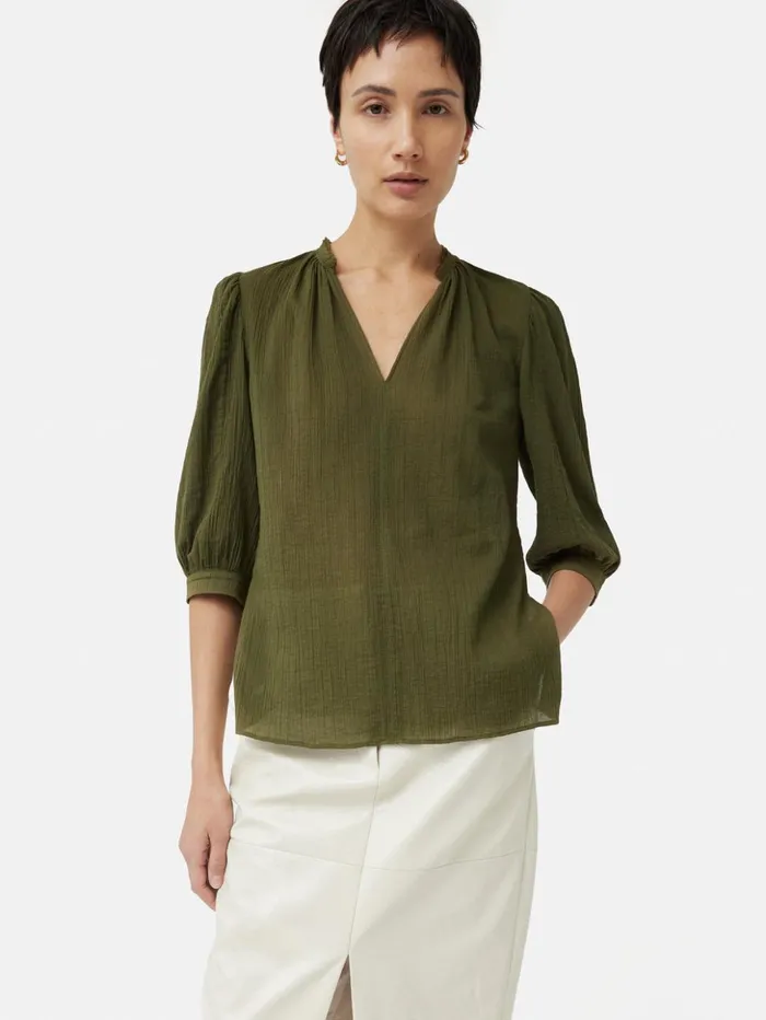 Jigsaw Cotton Crinkle Cicelly Top Khaki Women Shirts and Tops