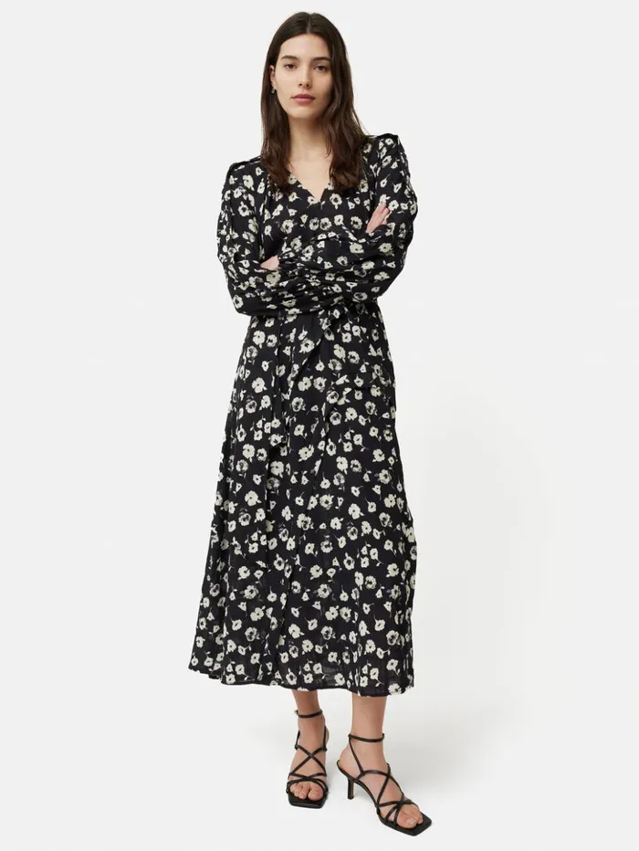 Jigsaw Cotton Floral Belted Dress Black Women Dresses and Jumpsuits