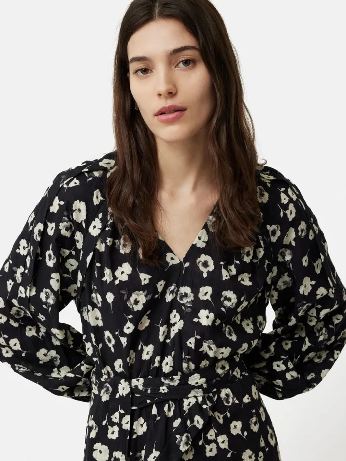 Jigsaw Cotton Floral Belted Dress Black Women Dresses and Jumpsuits