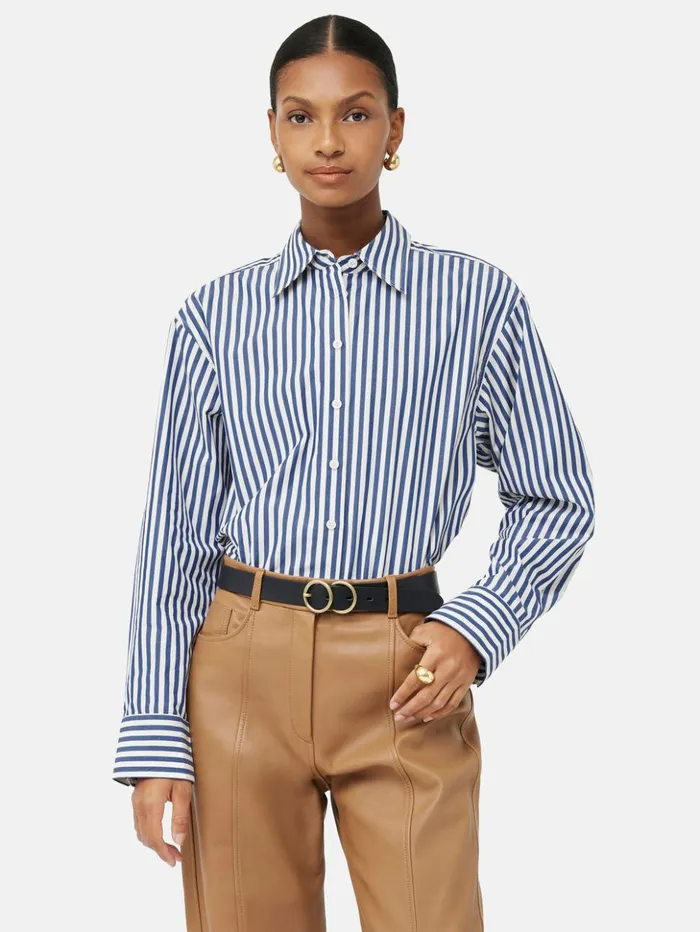 Jigsaw Cotton Poplin Stripe Shirt Blue Women Shirts and Tops
