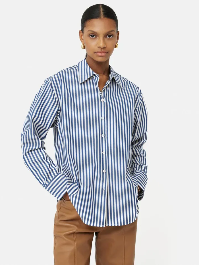 Jigsaw Cotton Poplin Stripe Shirt Blue Women Shirts and Tops