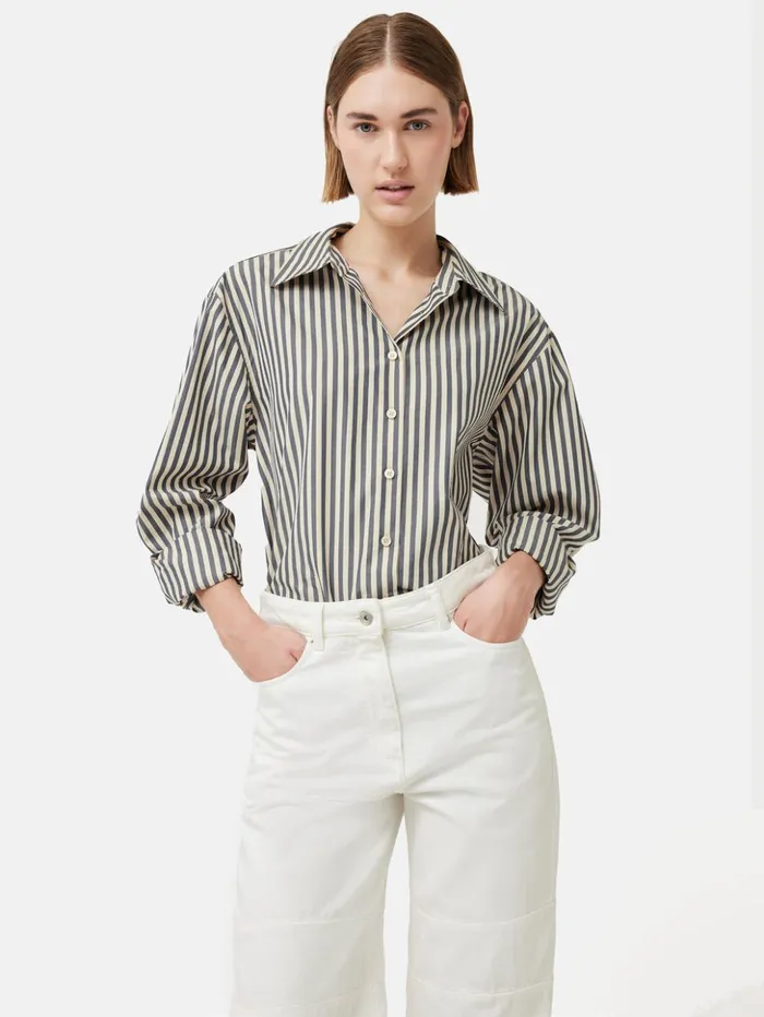 Jigsaw Cotton Poplin Stripe Shirt Cream Women Shirts and Tops