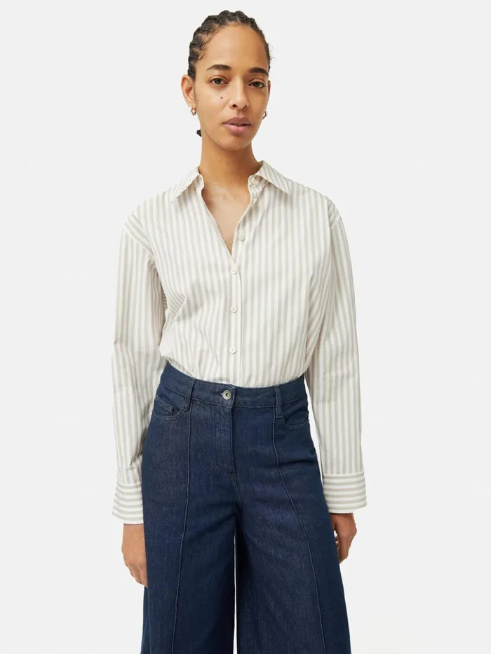 Jigsaw Cotton Poplin Stripe Shirt Taupe Women Shirts and Tops