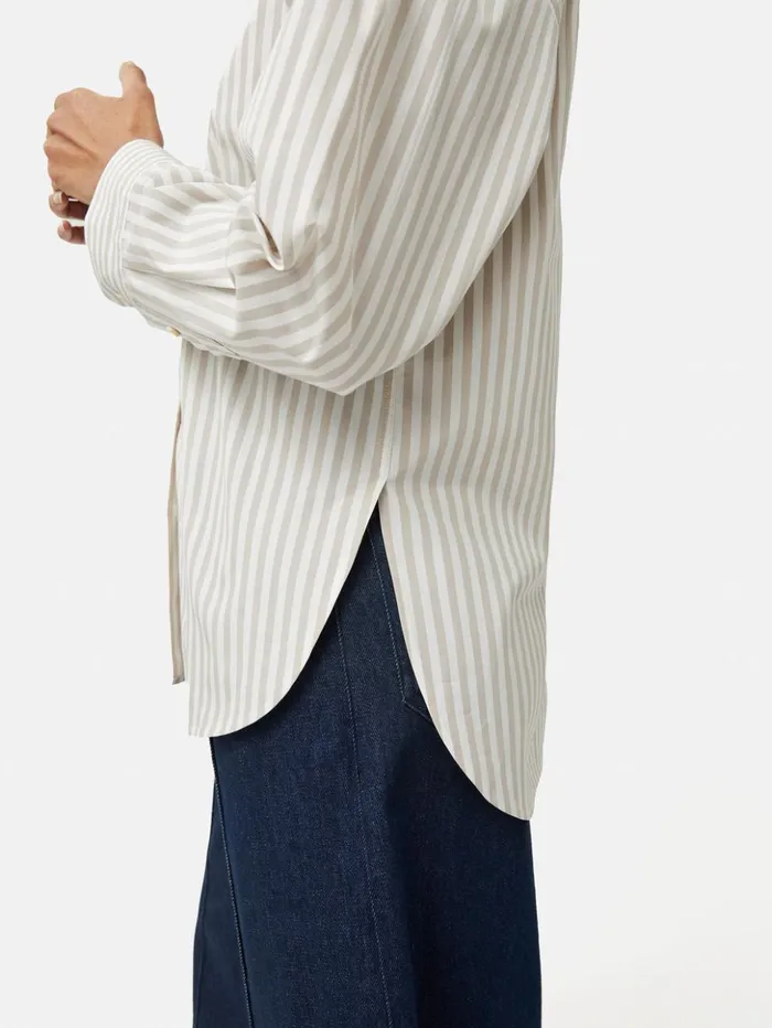 Jigsaw Cotton Poplin Stripe Shirt Taupe Women Shirts and Tops