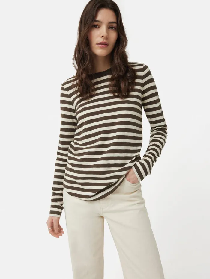 Jigsaw Cotton Slub Stripe Long Sleeve Tee Brown Women Shirts and Tops