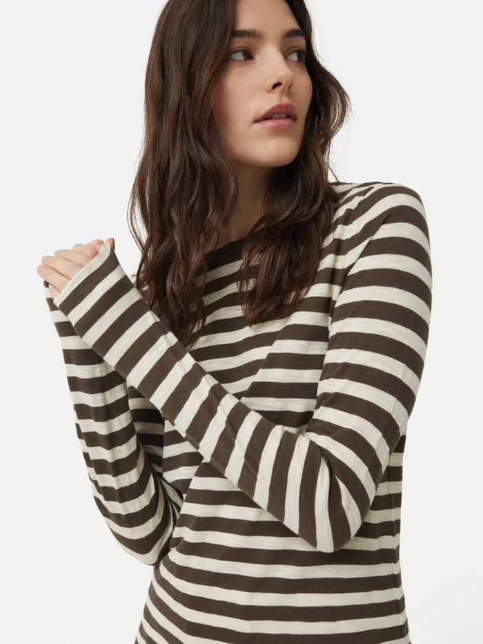 Jigsaw Cotton Slub Stripe Long Sleeve Tee Brown Women Shirts and Tops