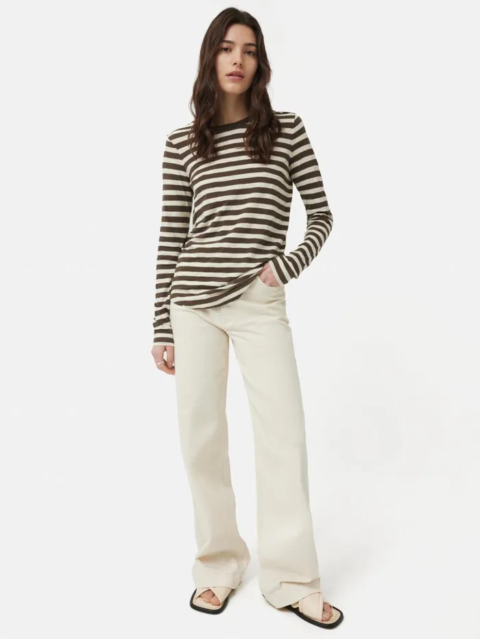 Jigsaw Cotton Slub Stripe Long Sleeve Tee Brown Women Shirts and Tops