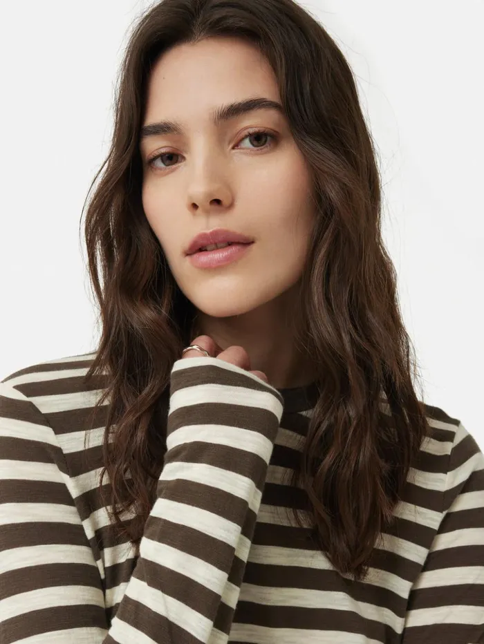 Jigsaw Cotton Slub Stripe Long Sleeve Tee Brown Women Shirts and Tops