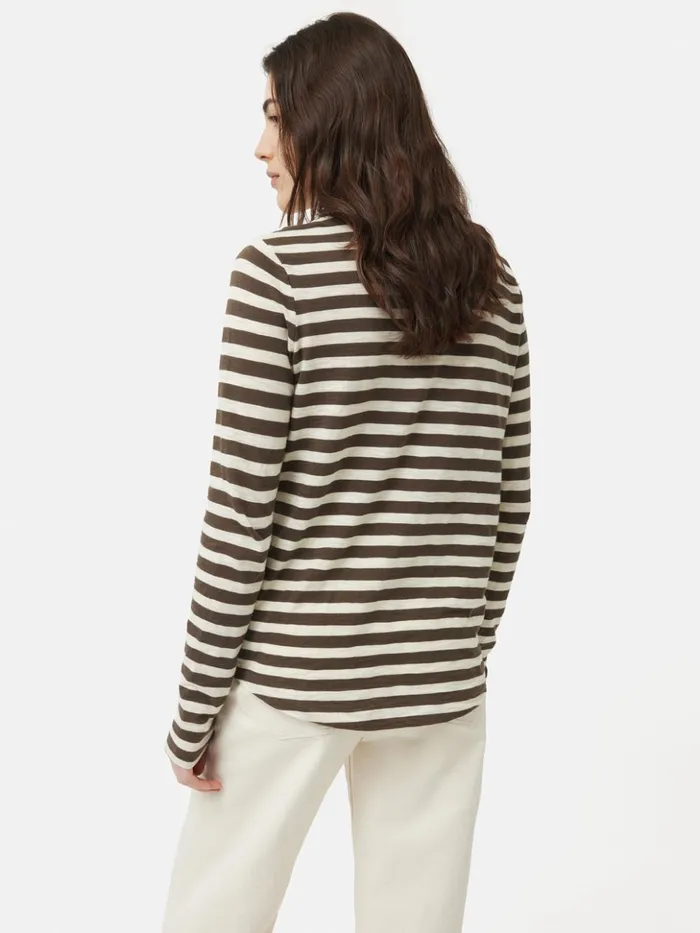 Jigsaw Cotton Slub Stripe Long Sleeve Tee Brown Women Shirts and Tops