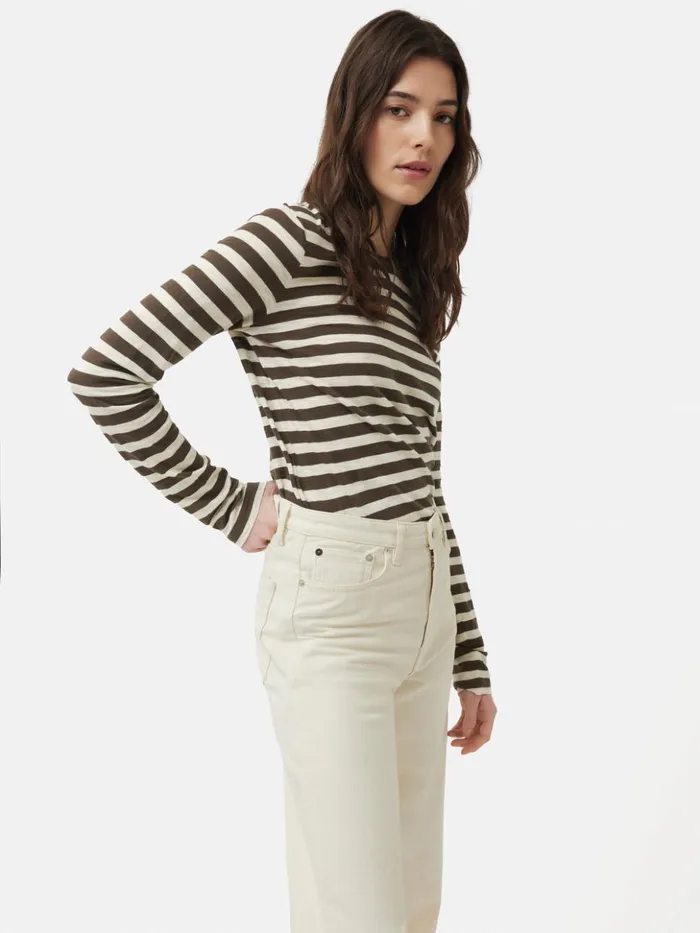 Jigsaw Cotton Slub Stripe Long Sleeve Tee Brown Women Shirts and Tops