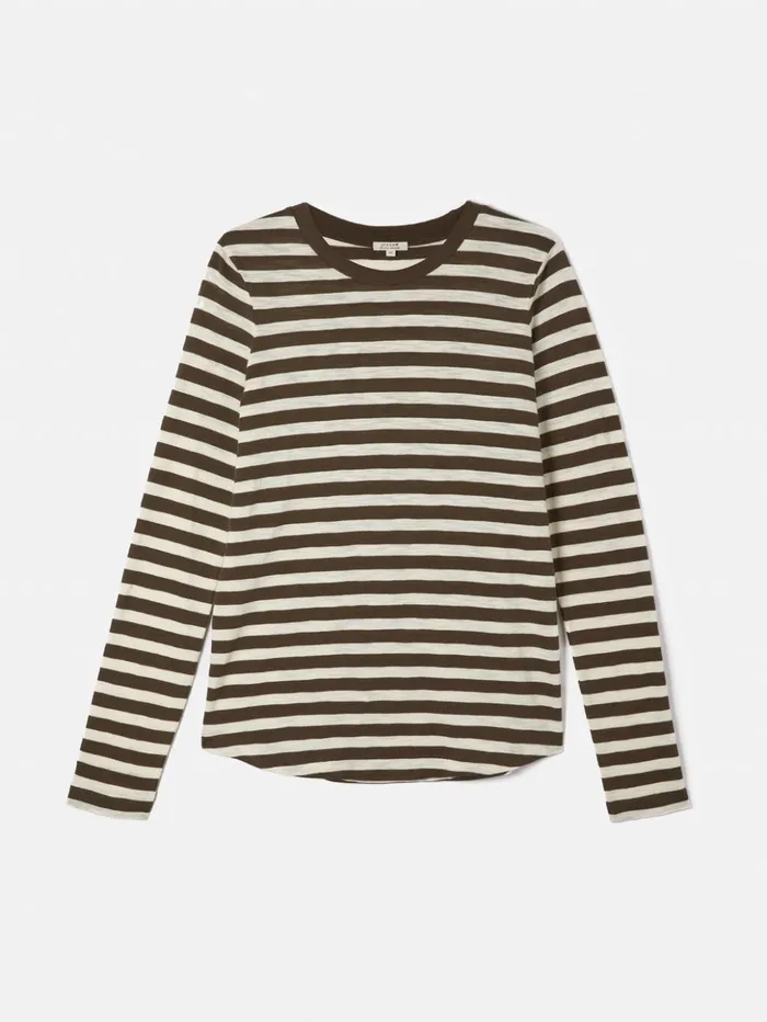 Jigsaw Cotton Slub Stripe Long Sleeve Tee Brown Women Shirts and Tops