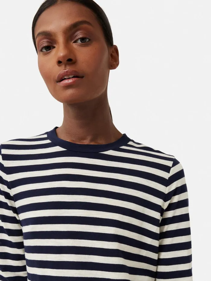 Jigsaw Cotton Slub Stripe Long Sleeve Tee Navy Women Shirts and Tops