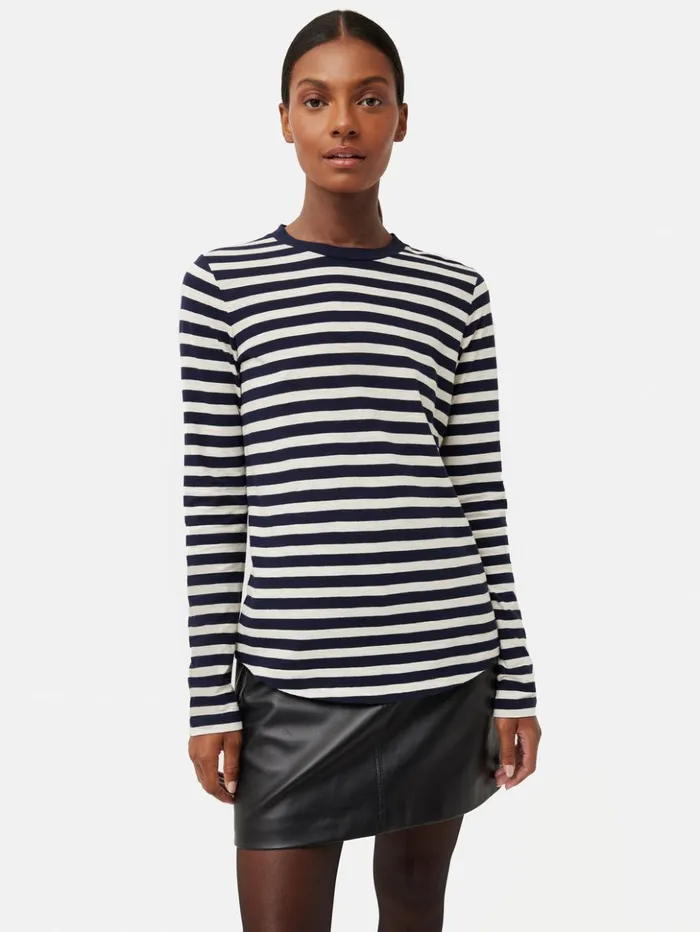 Jigsaw Cotton Slub Stripe Long Sleeve Tee Navy Women Shirts and Tops