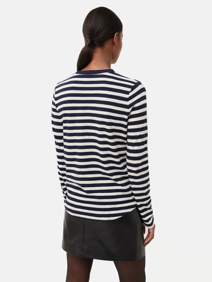 Jigsaw Cotton Slub Stripe Long Sleeve Tee Navy Women Shirts and Tops