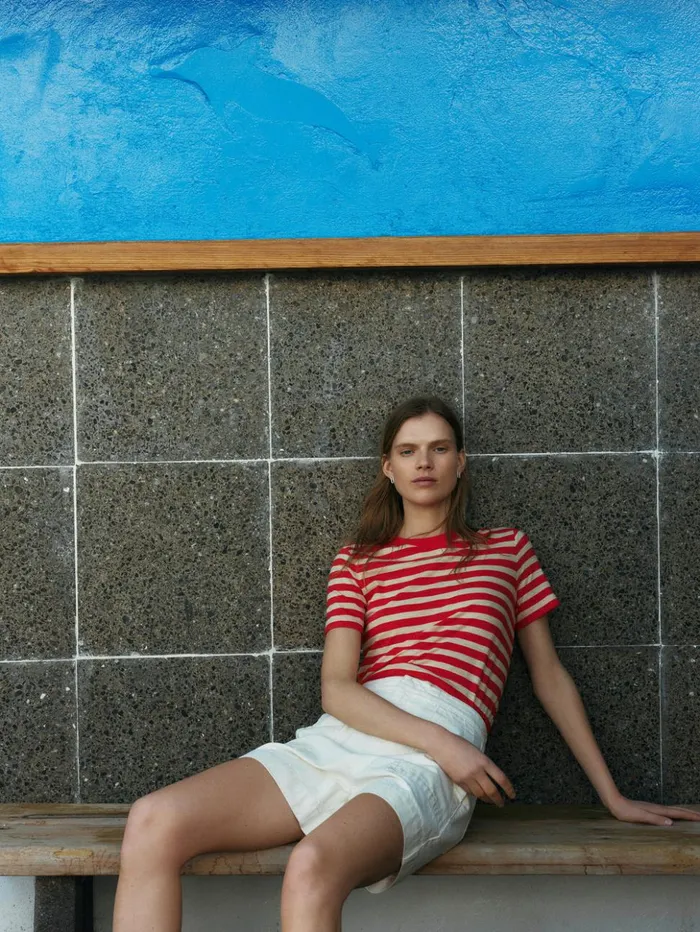 Jigsaw Cotton Slub Stripe Tee Red Women Shirts and Tops
