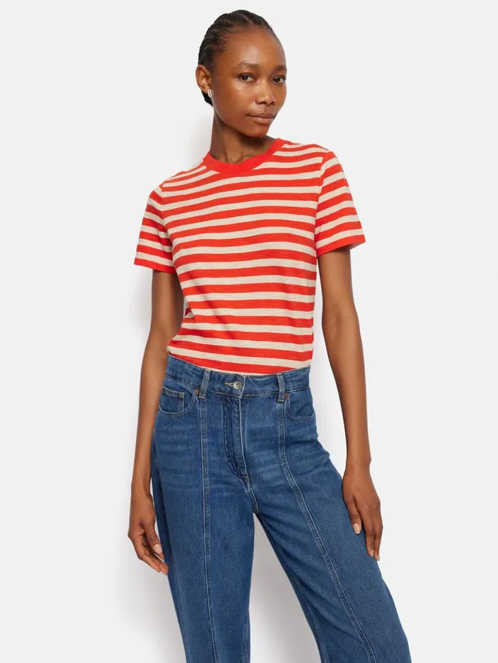 Jigsaw Cotton Slub Stripe Tee Red Women Shirts and Tops