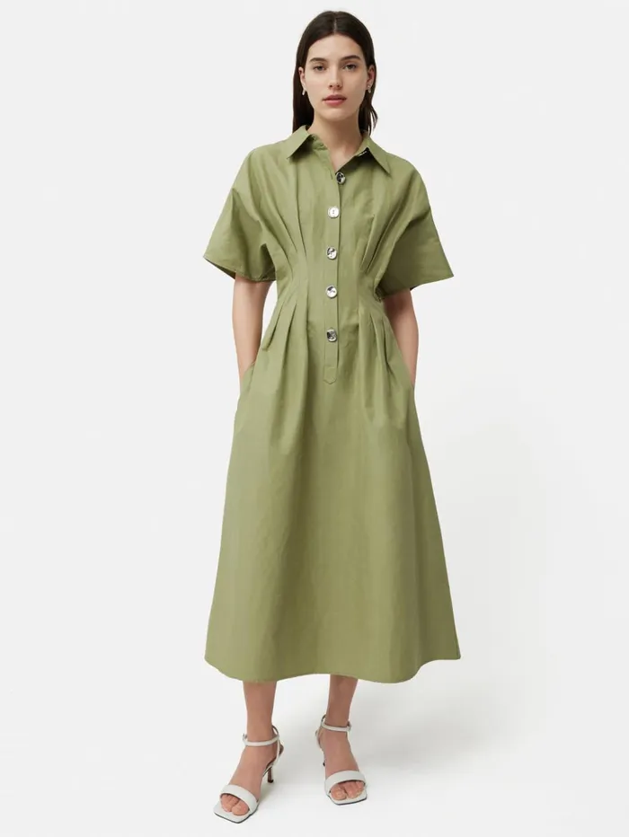 Jigsaw Cotton Stitched Pleat Dress Green Women Dresses and Jumpsuits