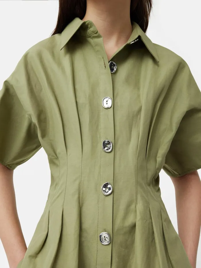 Jigsaw Cotton Stitched Pleat Dress Green Women Dresses and Jumpsuits