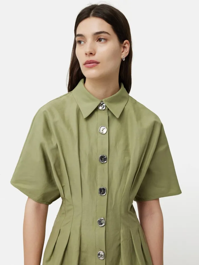 Jigsaw Cotton Stitched Pleat Dress Green Women Dresses and Jumpsuits