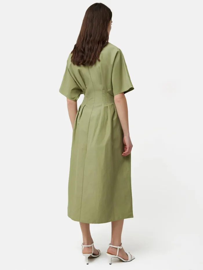 Jigsaw Cotton Stitched Pleat Dress Green Women Dresses and Jumpsuits